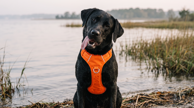 A brown dog standing outdoors on a rocky shoreline near water, wearing a bright orange harness.