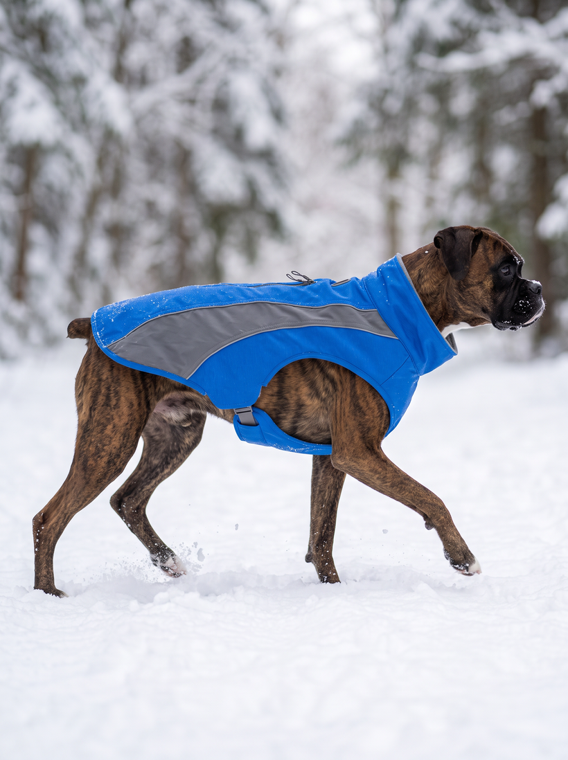 A brindle boxer dog wearing a bright blue winter coat with a gray panel, walking through deep snow in an outdoor wooded setting.