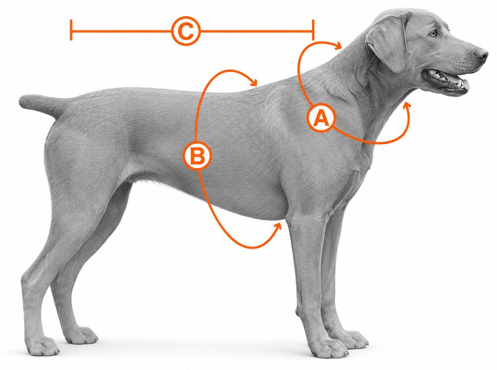 Side view of a dog showing where to measure the neck, chest and back